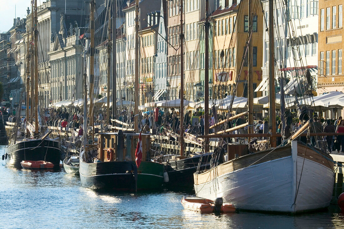 Sailboats moored at Nyhavn canal in Copenhagen, Denmark