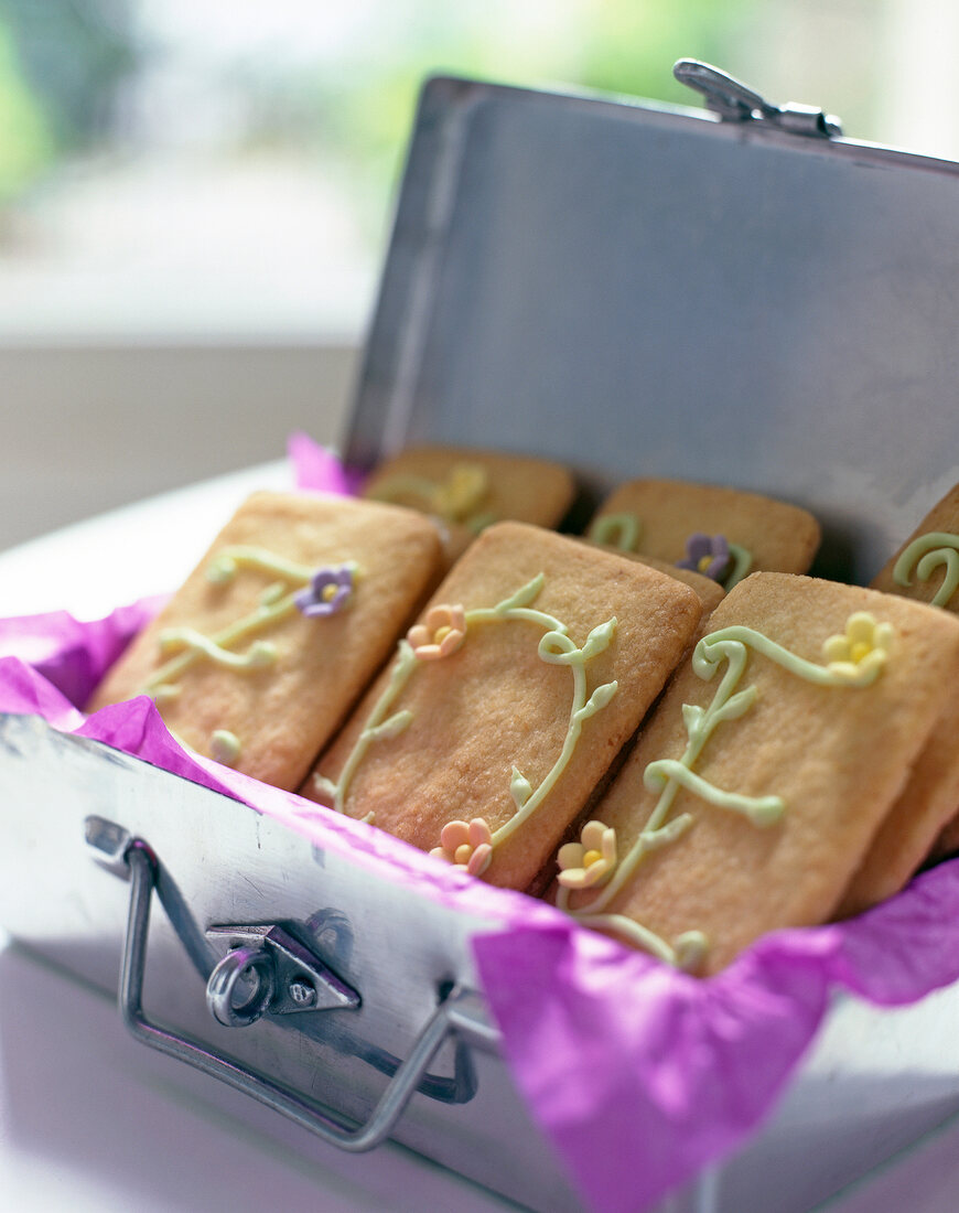 Cookies with letters in small silver box