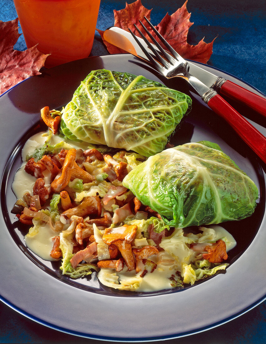 Saithe and savoy parcels with mushroom sauce on plate