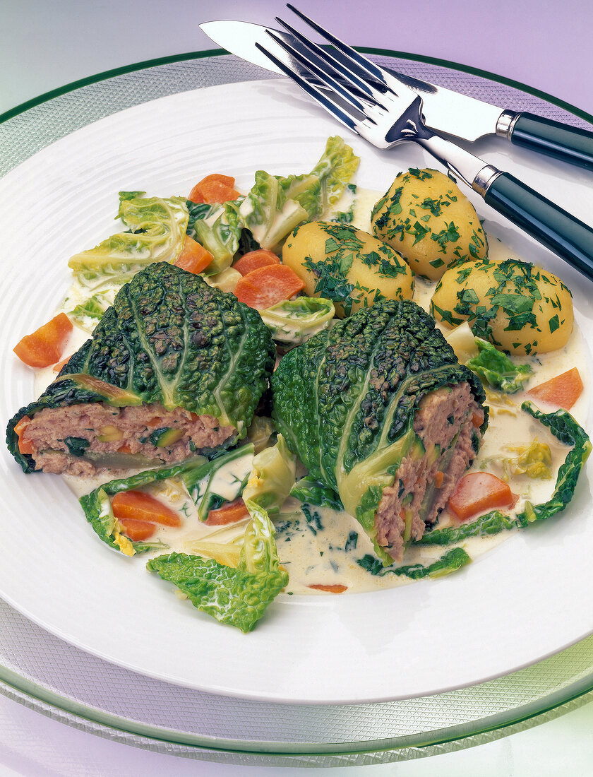 Close-up of spicy cabbage rolls on plate