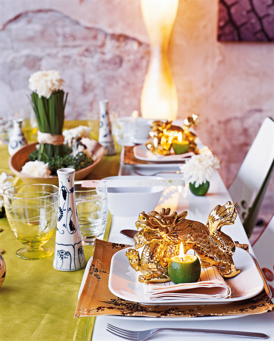 Asian style table decorated in green and gold