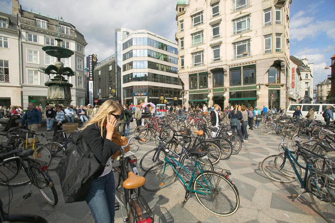 Bicycles parked on shopping street in Amager Square, Copenhagen, Denmark