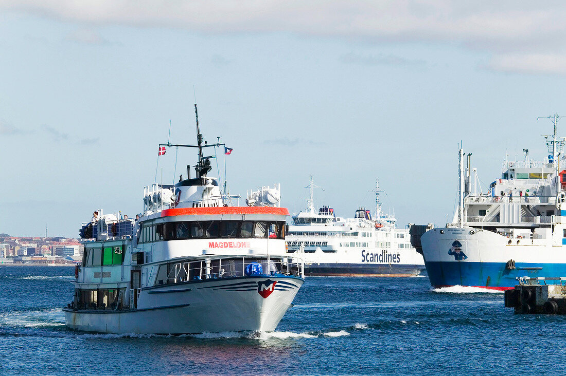 View of three ships at port of Helsingor, Denmark