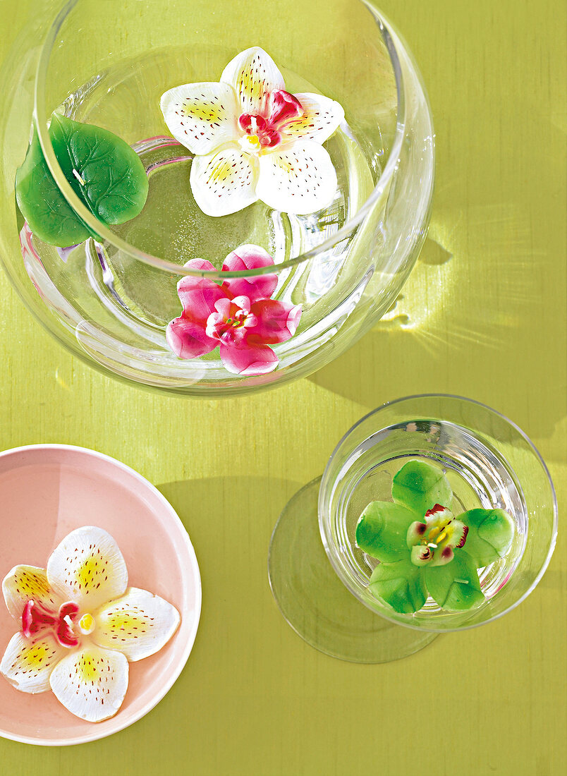 Schwimmkerzen in Blütenform in Glasschalen, Wasser, Hintergr. grün