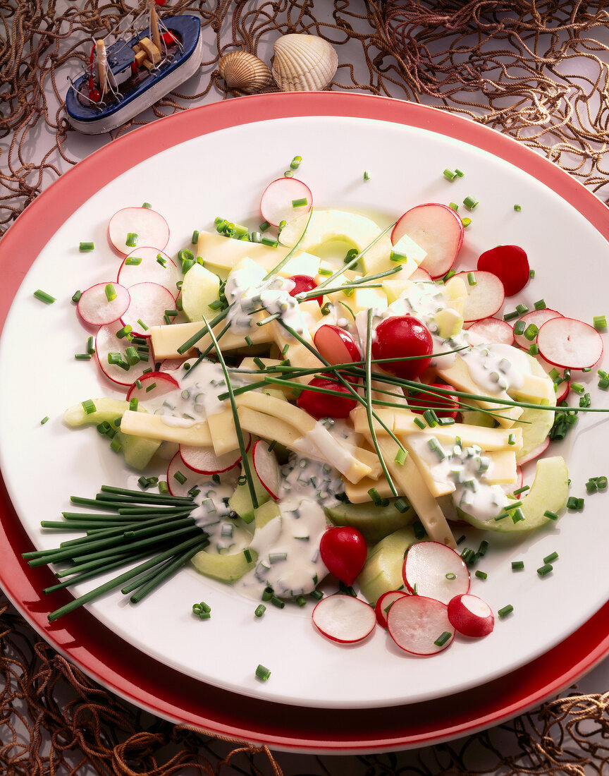 Danish cheese salad with radishes and chives on plate