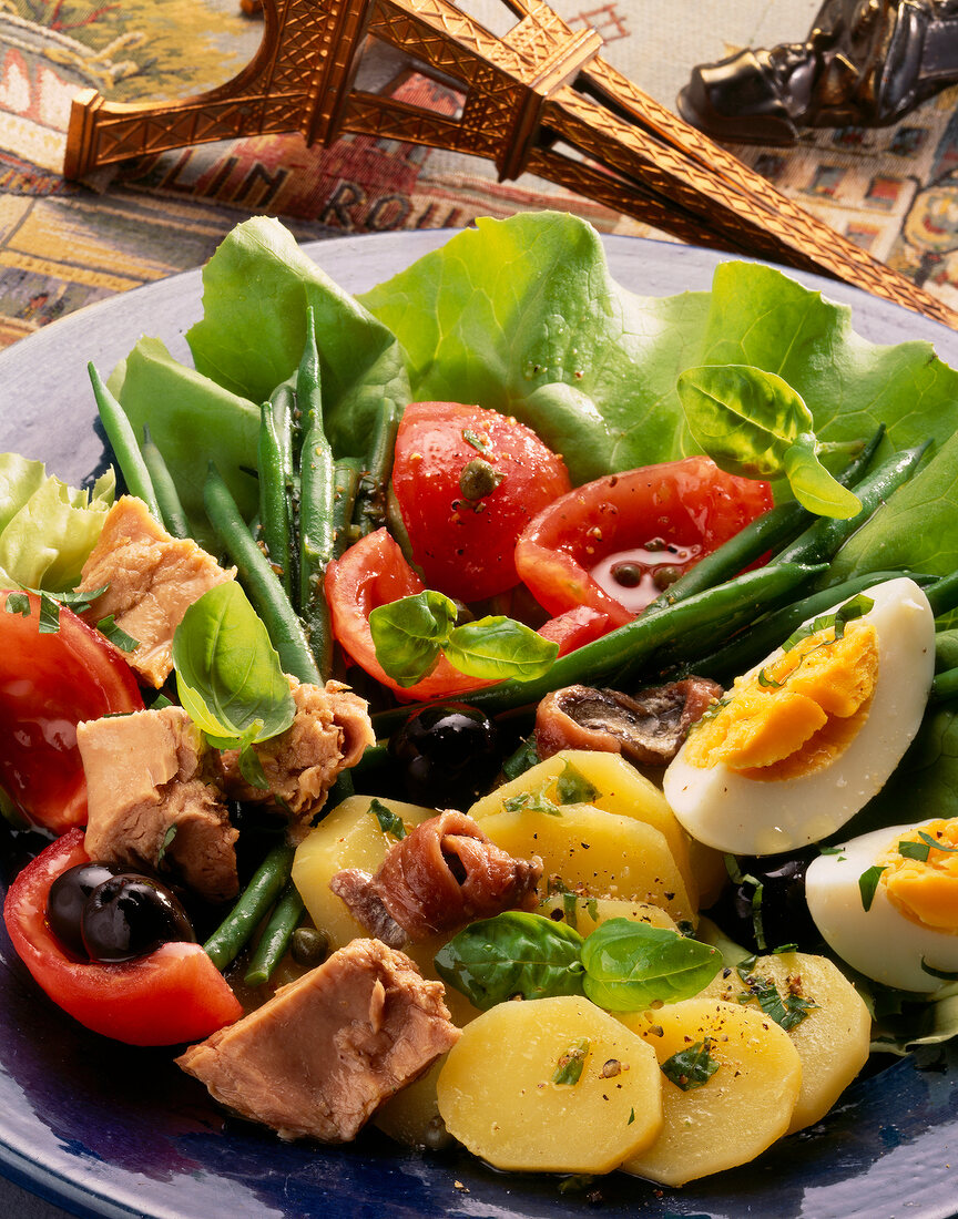 Salad nicoise with French tuna, vegetables and eggs on plate
