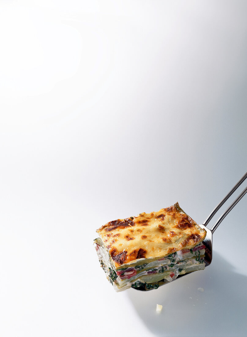 Kohlrabi and chard lasagne on spatula on white background