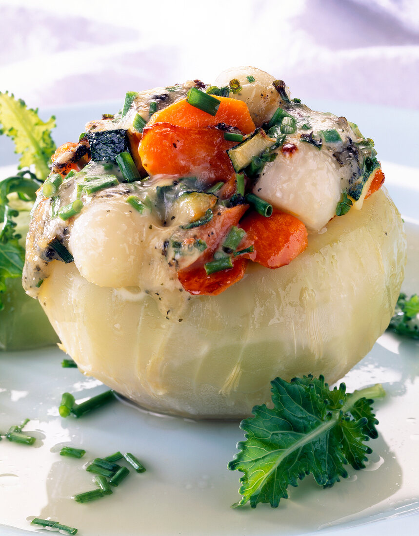 Close-up of stuffed kohlrabi with carrots