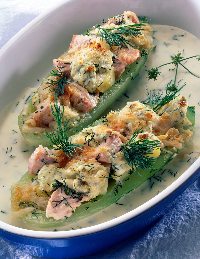 Stuffed and braised salmon fillet in serving dish