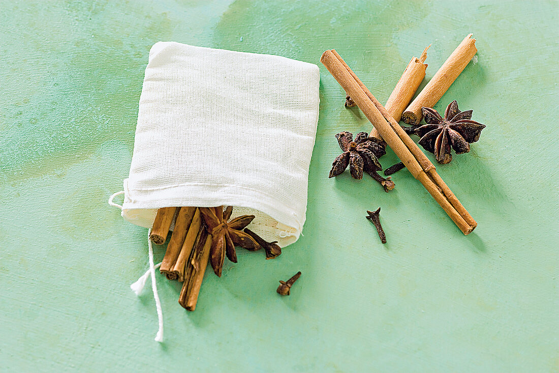 Close-up of cinnamon sticks, cloves, star anise and bag with spices on green background