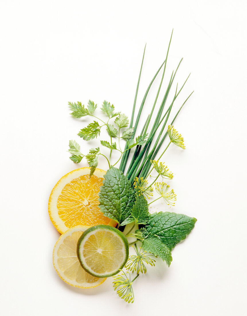 Herbs with slices of orange, lemon, lime, lemon balm and chervil on white background