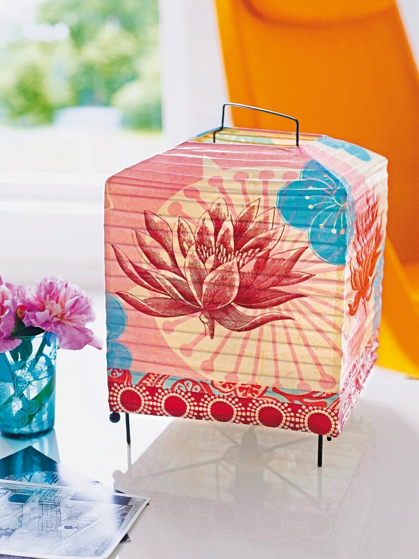 Colourful lantern made of printed Japanese paper