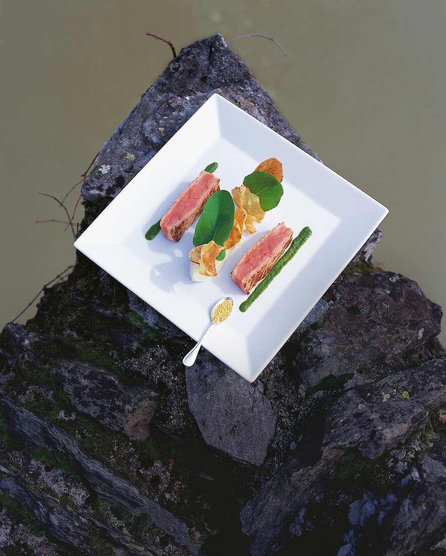 Veal slices with potato chips and celery on plate