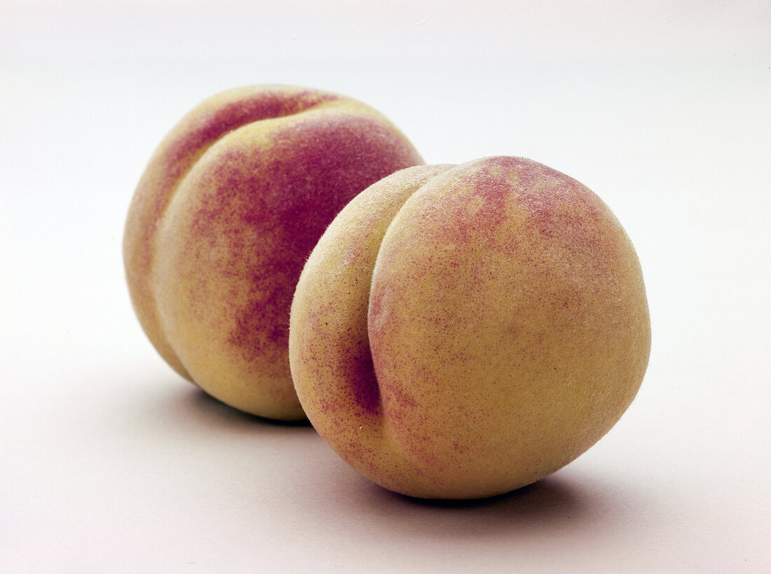 Two south haven peaches on white background