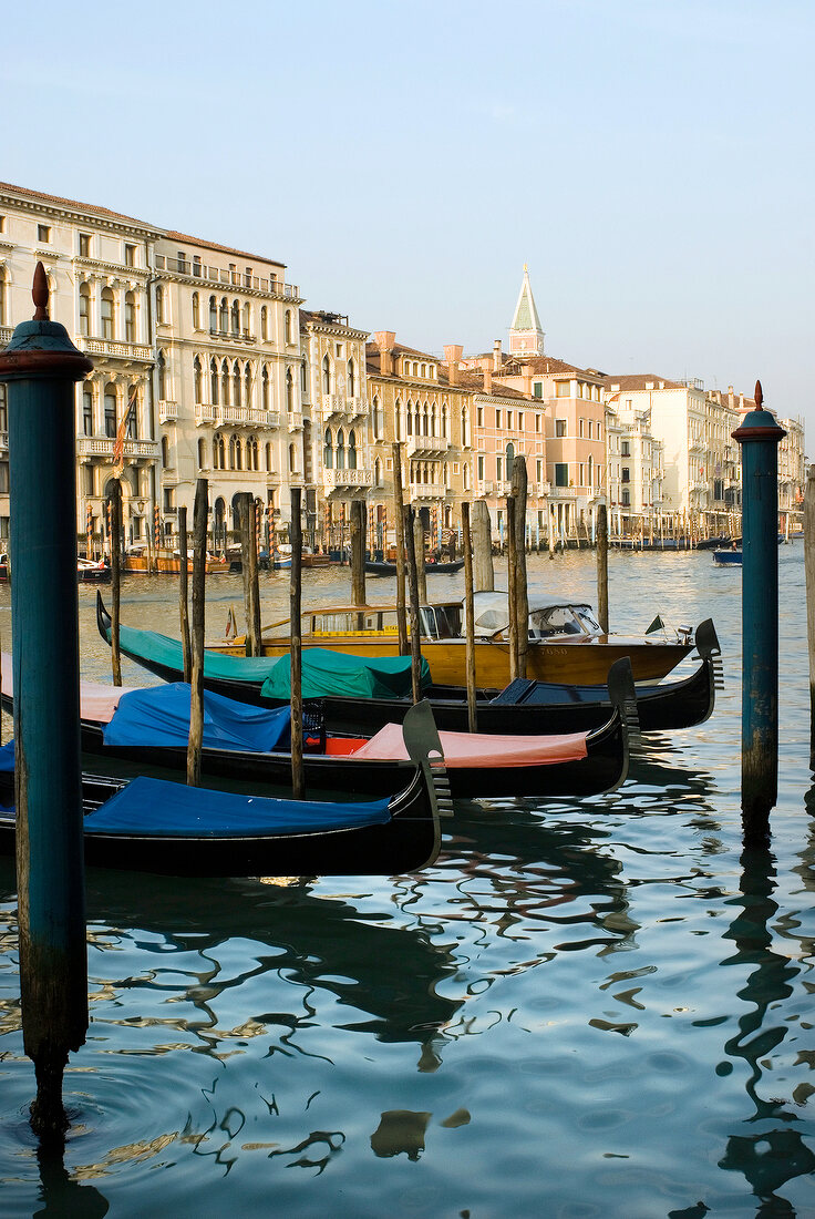 Mehrere Gondeln am Anleger, Canal Grande in Venedig, Fassaden