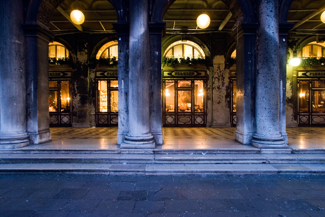 Pillars in front of Cafe Florian at Saint Mark's Square in Venice, Italy
