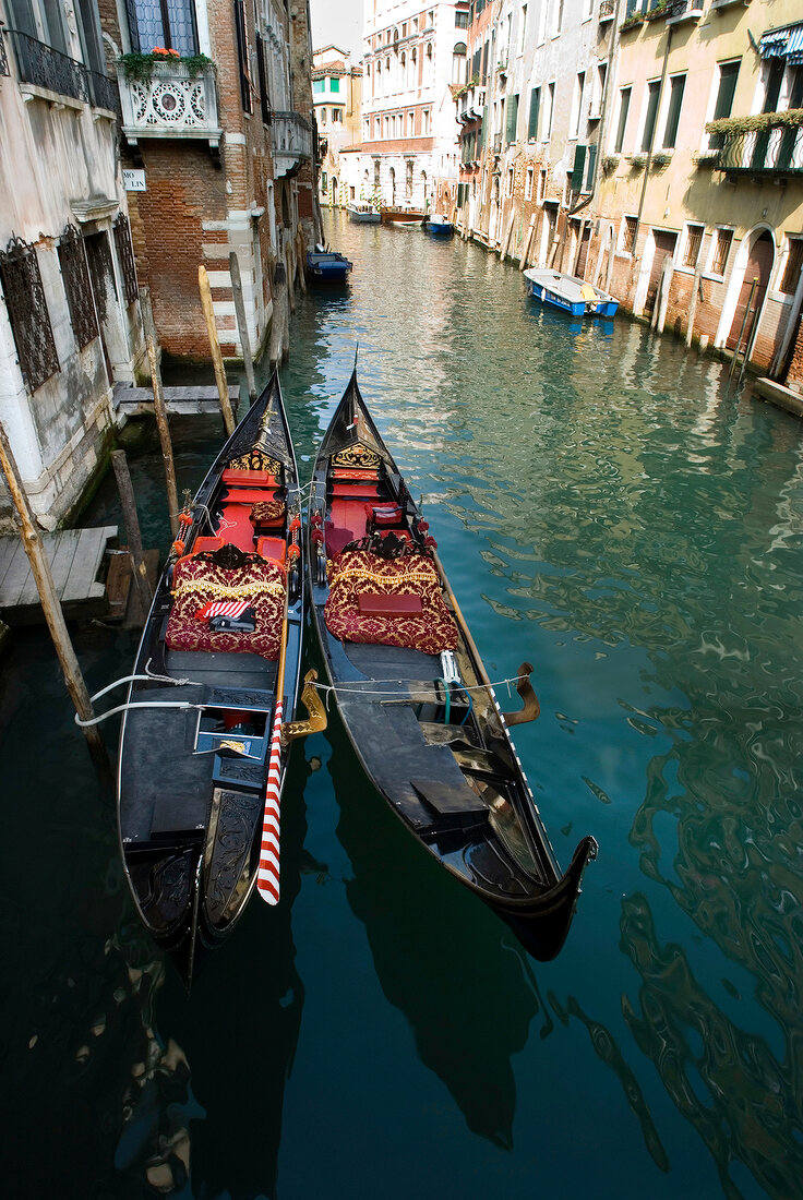 Two empty gondolas moored in Grand canal, Venice, Italy