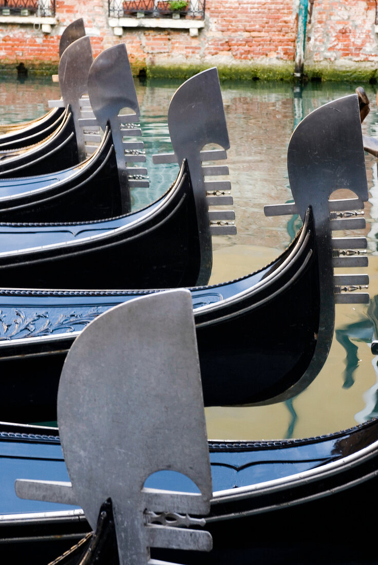Bow of gondolas with metal fitting, Venice, Italy