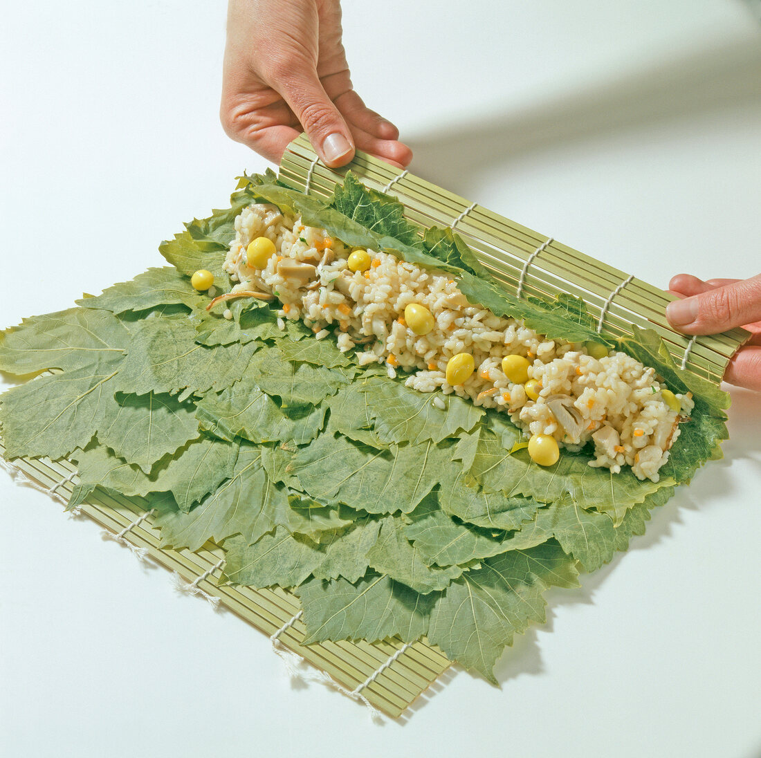Reis, Weinblätter, Reisfüllung auf Rollmatte verteilen, Step 1
