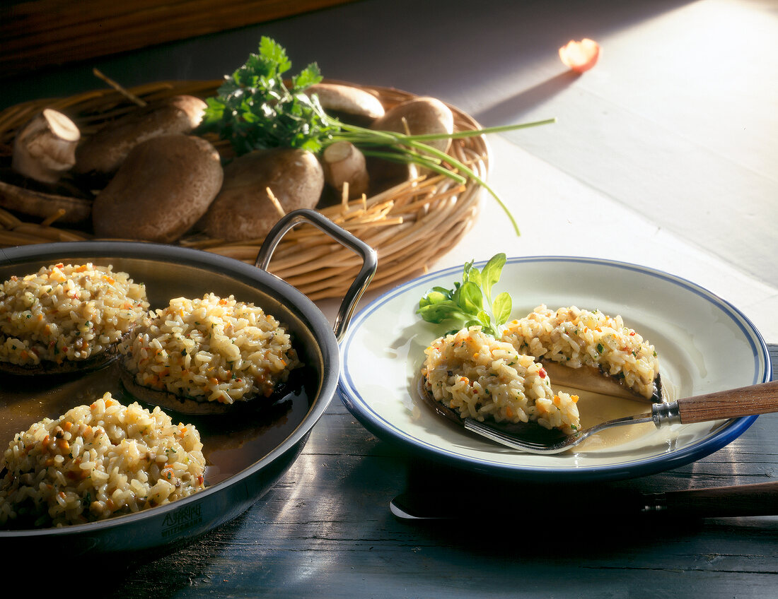 Portabella mushrooms stuffed with rice, parsley, carrots and peppers