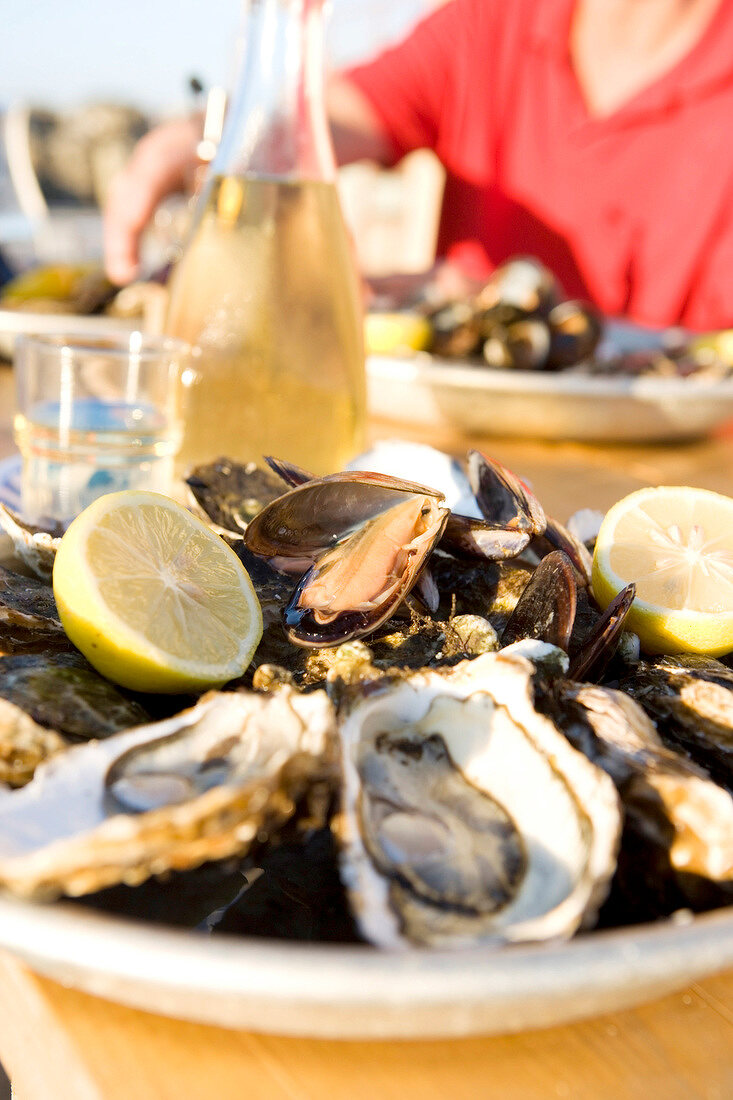 Oysters with lemon wedges on plate in La Perle Gruissanaise hotel, Gruissan, France