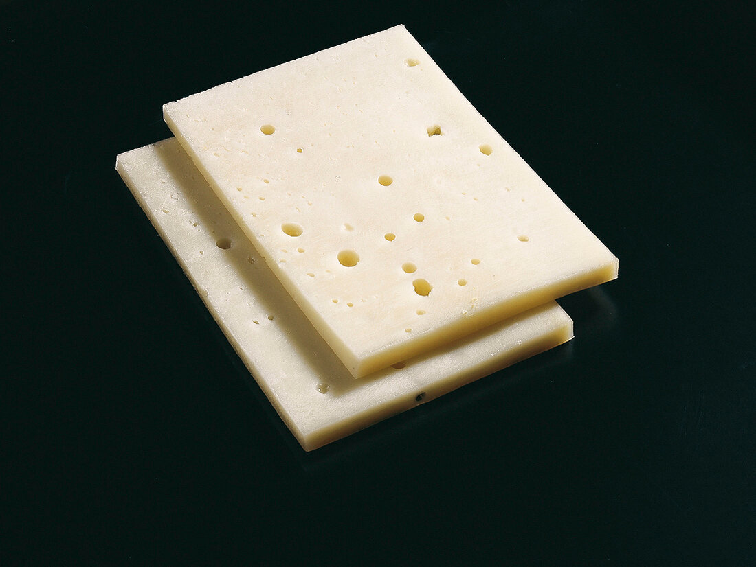 Buch vom Käse, 2 Scheiben Fontina-Käse, Rundlochung