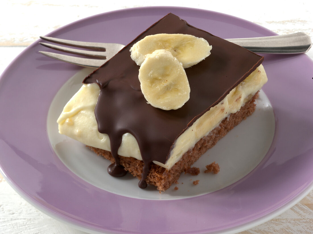 Close-up of banana cream cake on plate