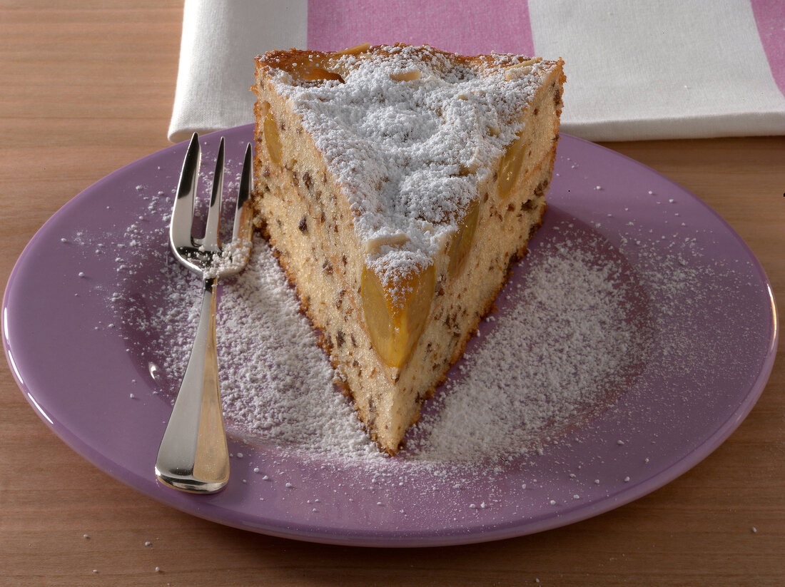 Piece of pumpernickelkuchen cake with icing sugar on plate