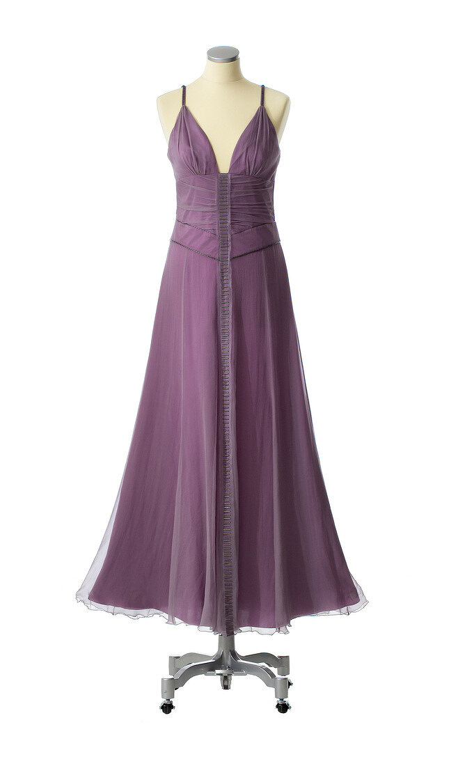 Lillac silk dress embroidered near waist with plunging neckline on mannequin