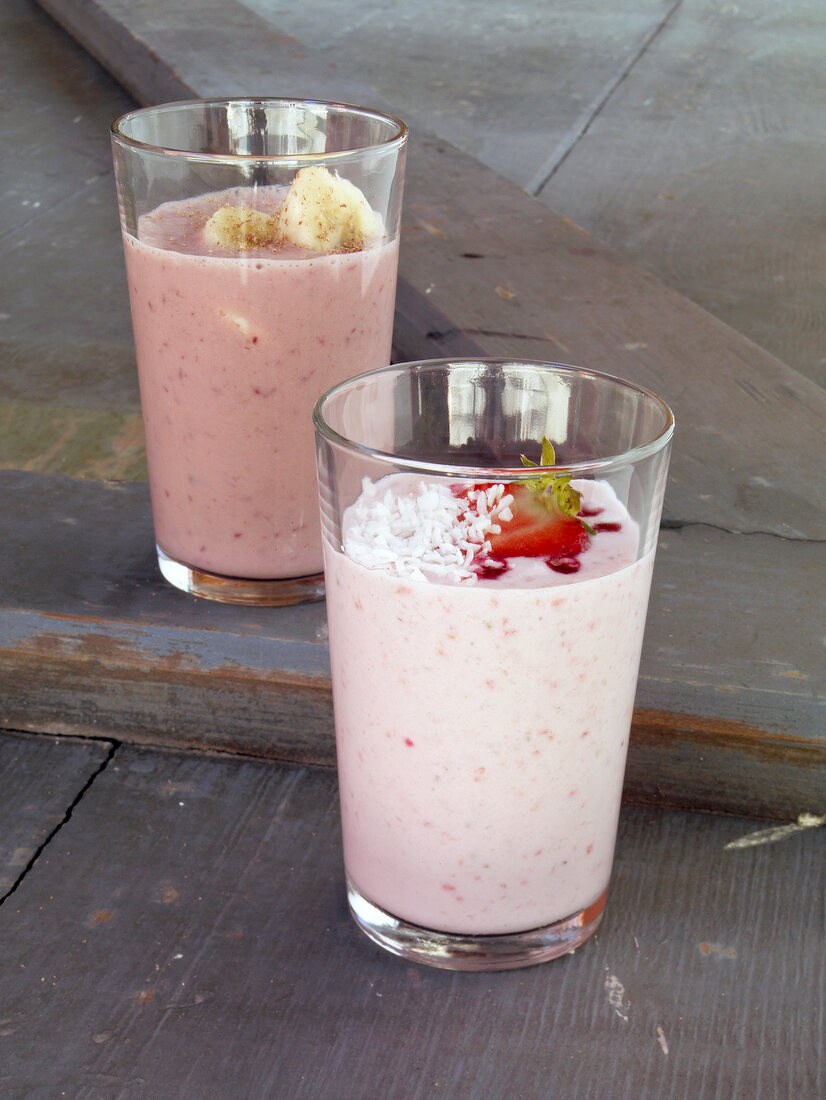 Pink and white drink in two glasses