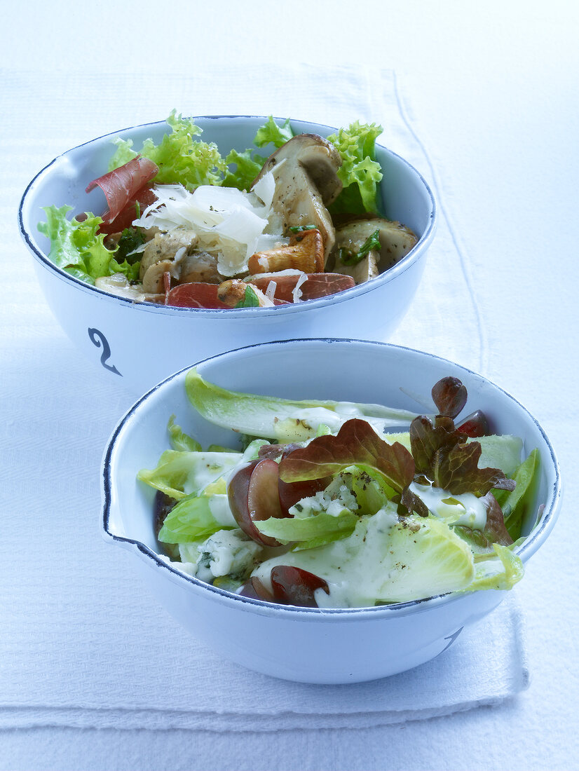 Salate, Bündner-Pilzsalat m. Par -mesankkäse, Roquefort-Trauben-Salat