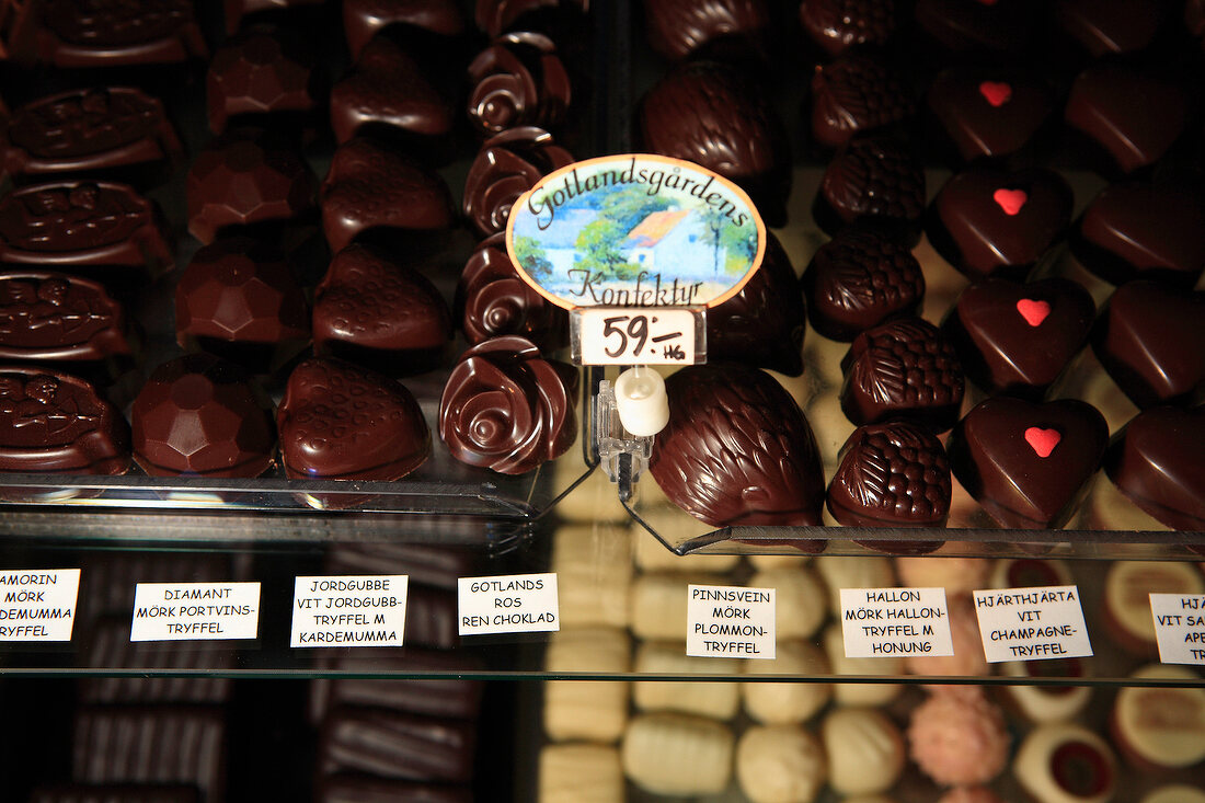 Close-up of assorted chocolates, Gotland