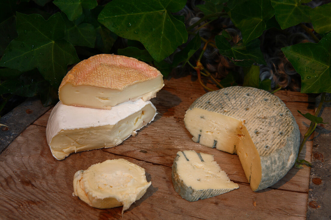 3 gotländische Käsesorten: Vit, Bla, Ockra auf einem Holzbrett
