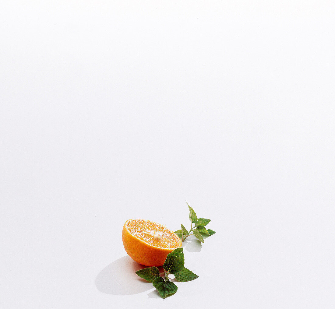 Halved orange and pineapple sage on white background