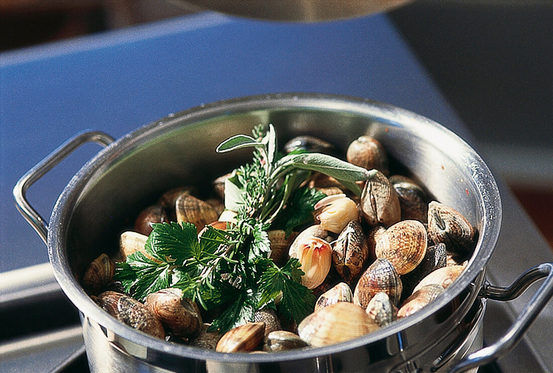 GuU- Muscheln, Venusmuscheln Step 2: Kräutersträußchen zu Muscheln geben