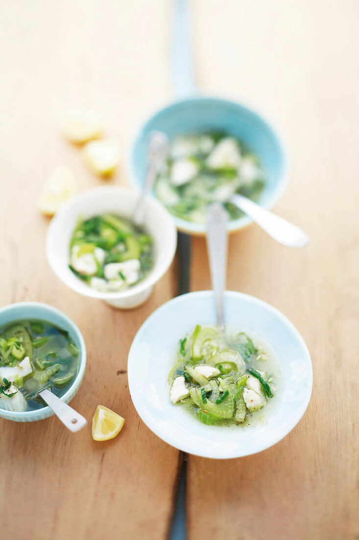 Bowls of pollock and vegetable soup