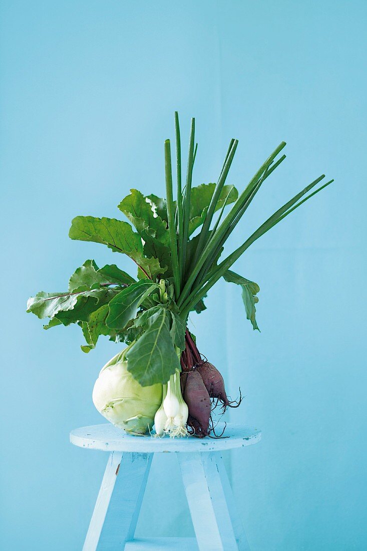 Kohlrabi, spring onions and red turnips on a light blue stool