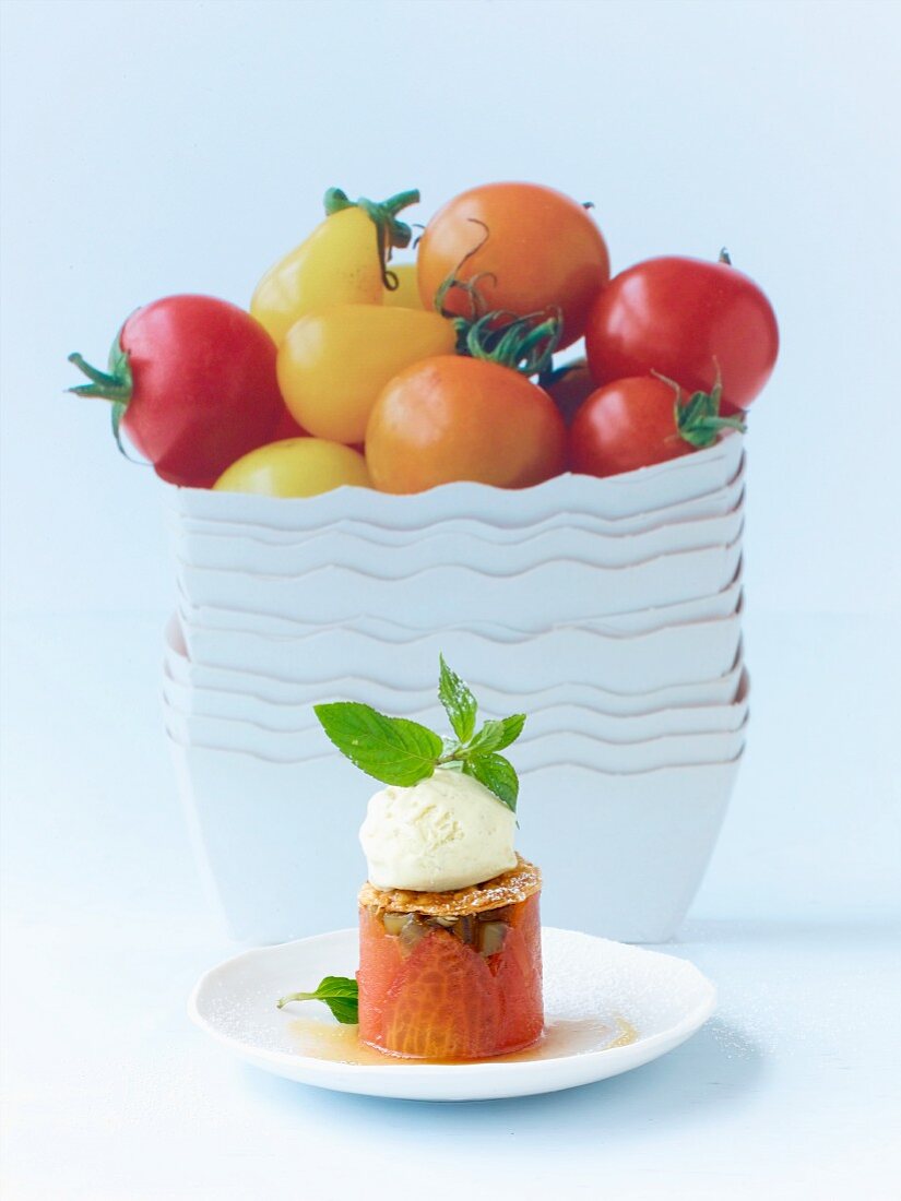 Candied tomatoes with aubergines and vanilla ice cream