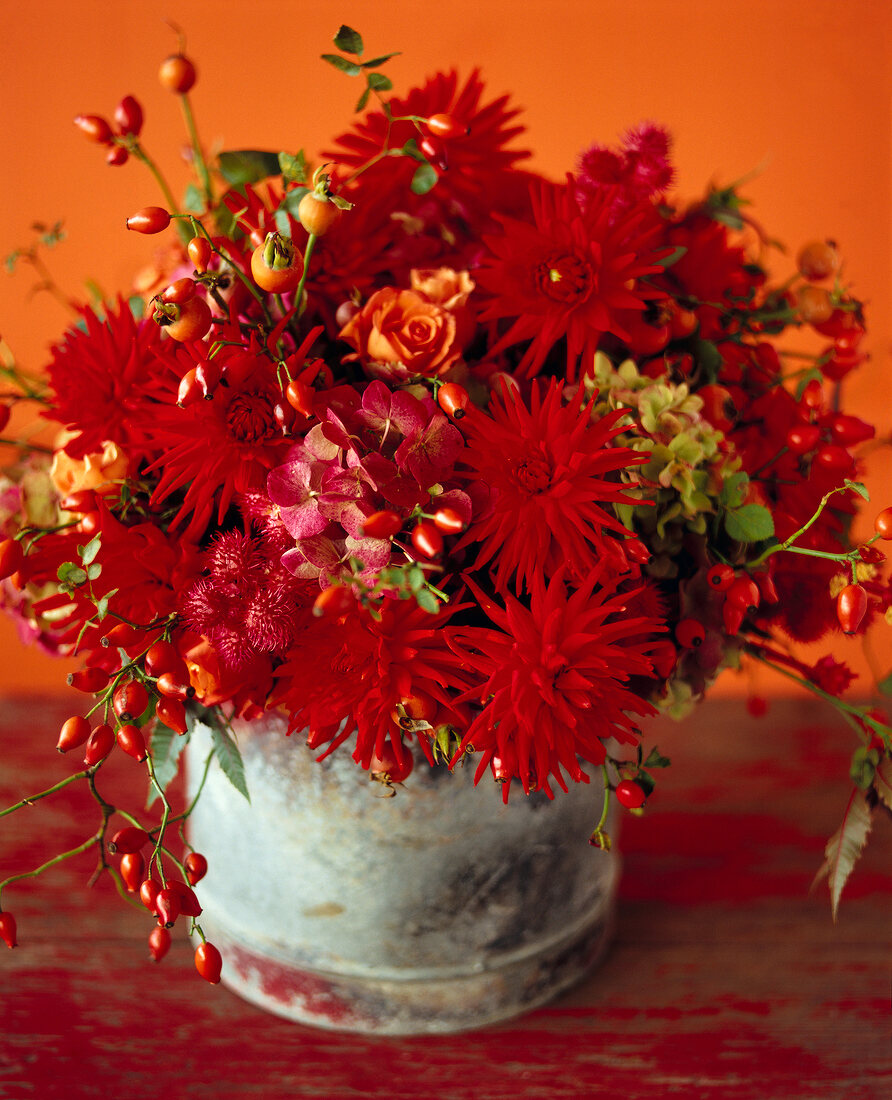 Close-up of autumnal bouquet of dahlias and rose hip branches