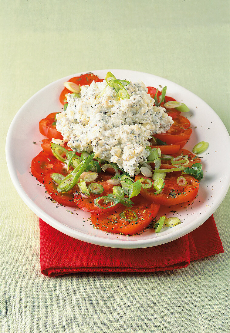 Tomato and onion salad with herb cheese in plate