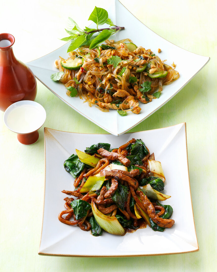 Herbs meat with glass noodles and pork with spinach and leeks on plates