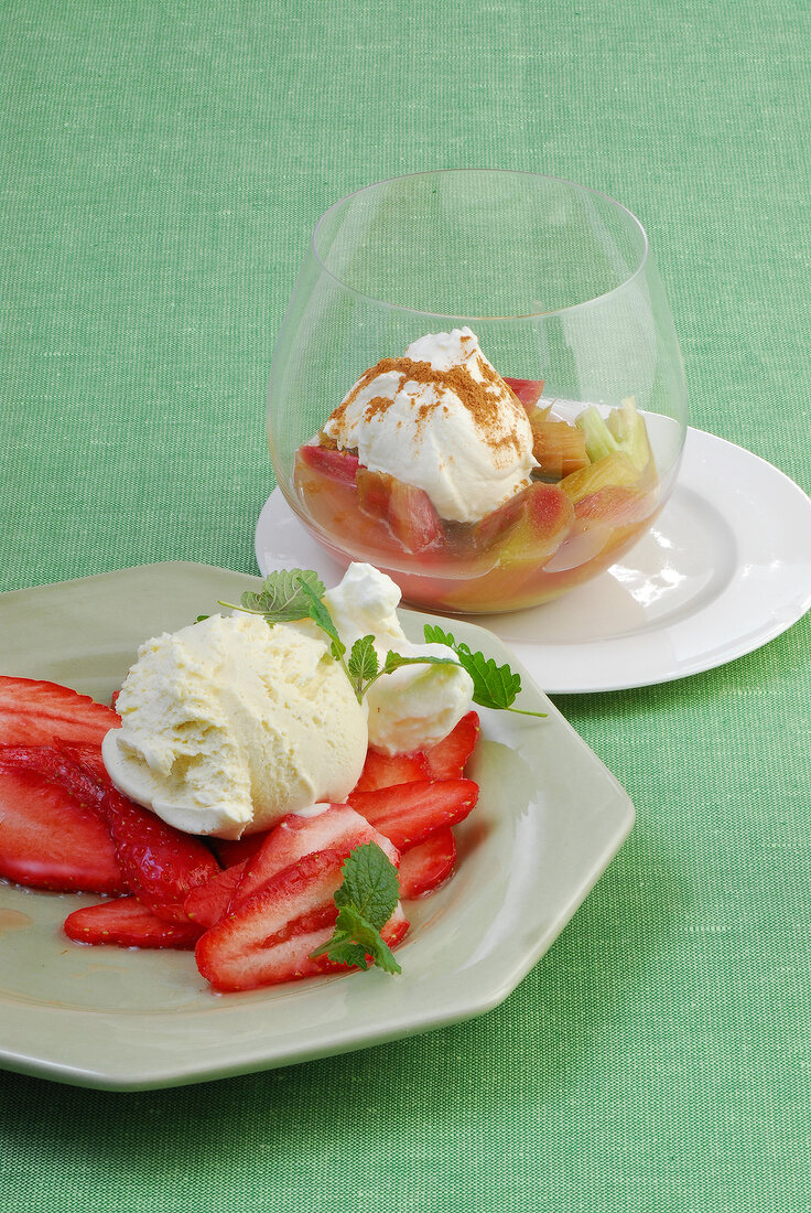 Rhubarb and strawberries romanoff on plate and in bowl