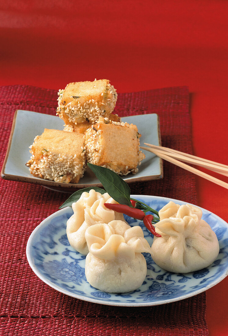 Vegetarian dumplings and fried shrimp sandwiches