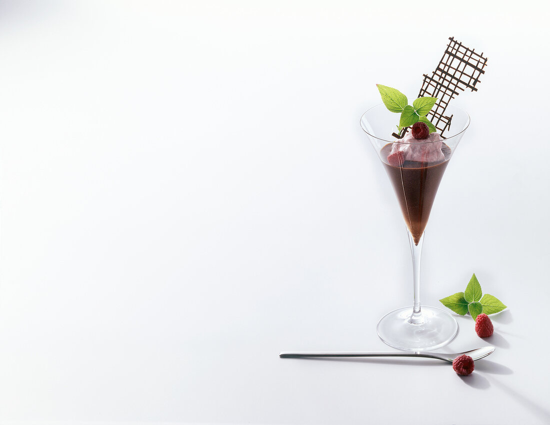 Chocolate ice cream, chocolate lattice and mint in glass on white background