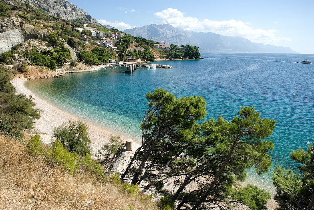 View of sea coast, beach and trees in Dalmatia, Croatia
