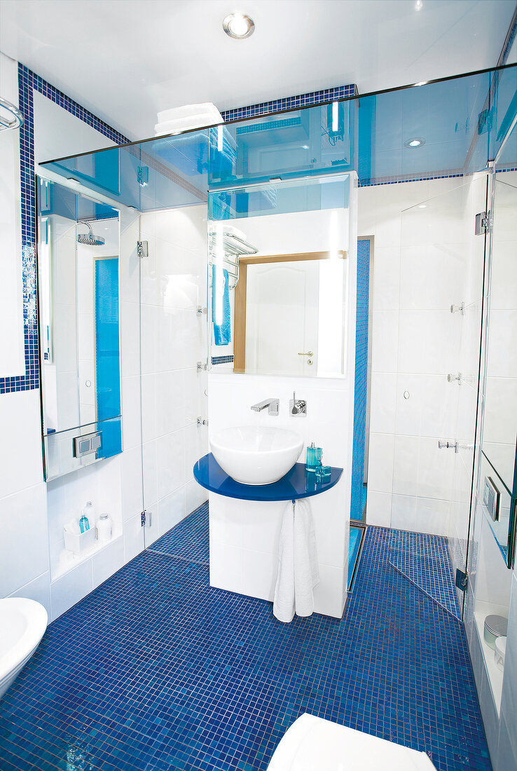 Interior of blue and white bathroom with washbasin and mosaic tiled floor