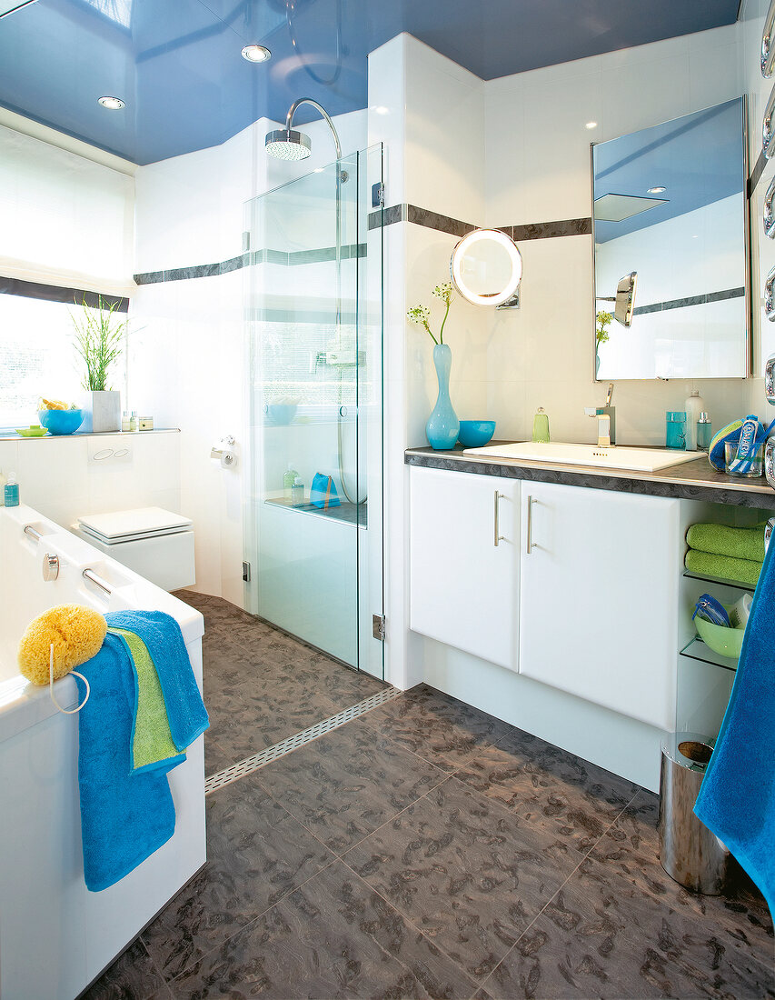 Interior of bathroom with shower cabinet with glass doors beside vanity sink