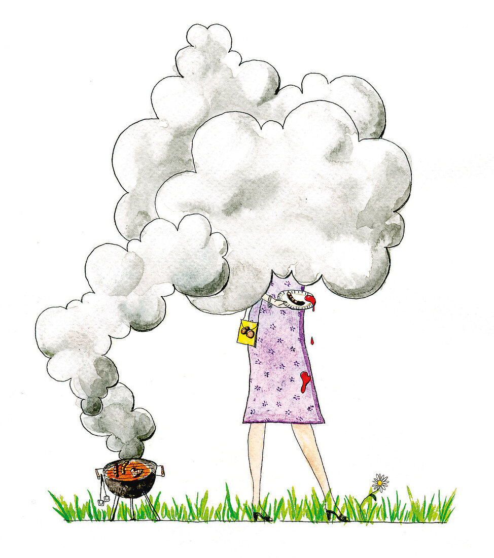Illustration, Frau verschwindet in Rauchwolke beim Grillen