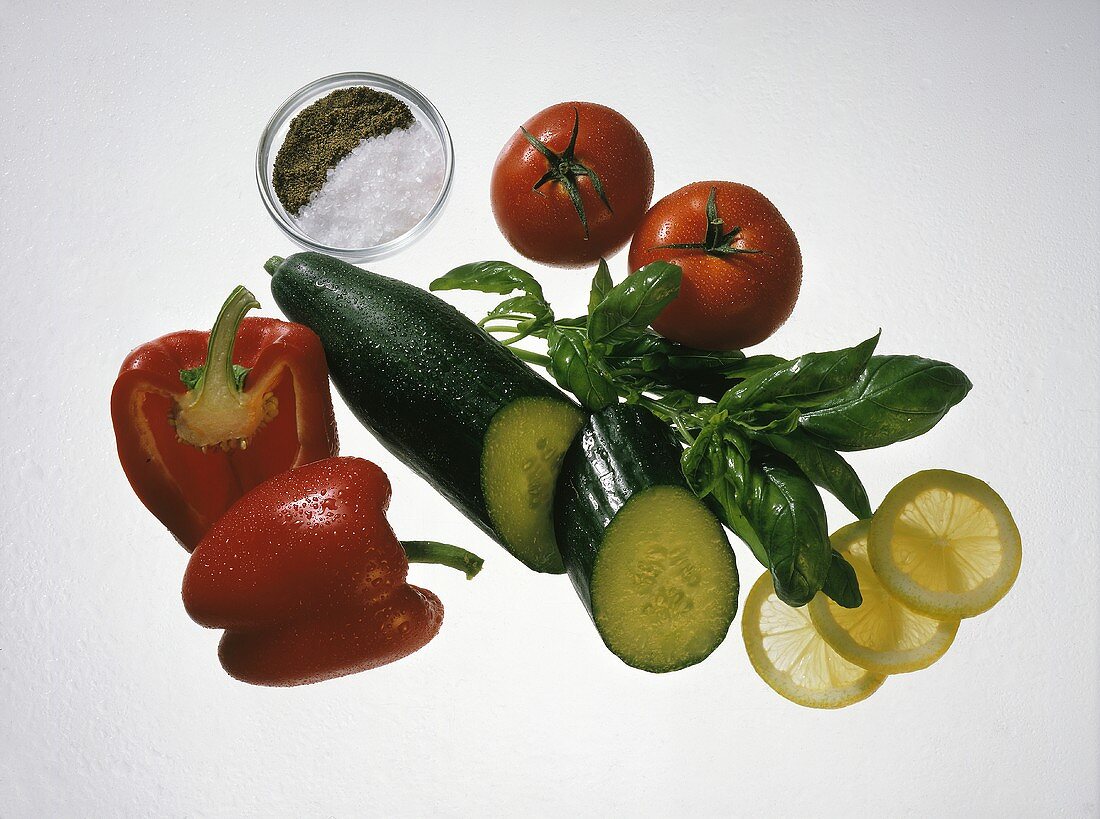 Still life: pepper; cucumber; tomatoes; lemon