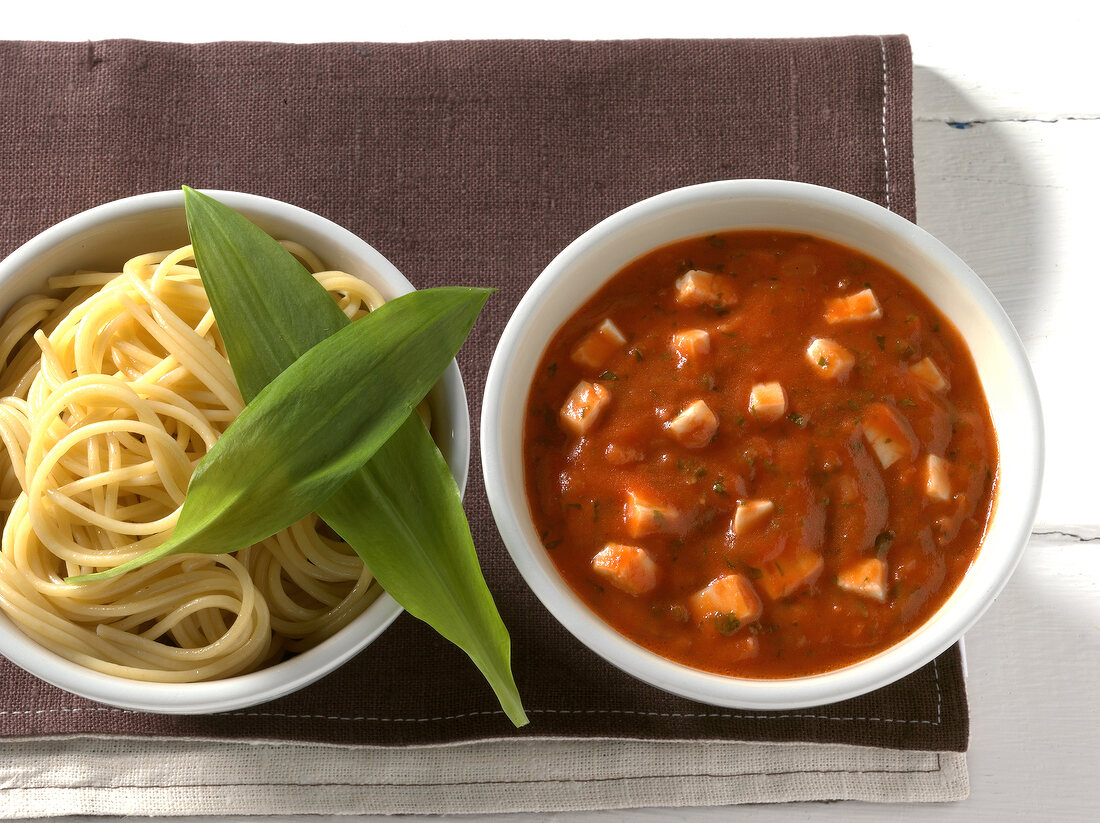 Spaghetti with tomato, herb sauce and mozzarella in bowls 